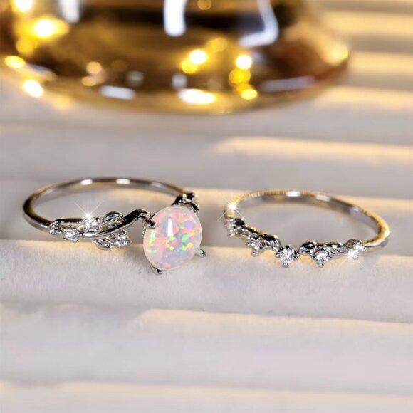 NEW 14k White Gold Opal Diamond Ring Band Set of 2 Rings - Picture 6 of 6